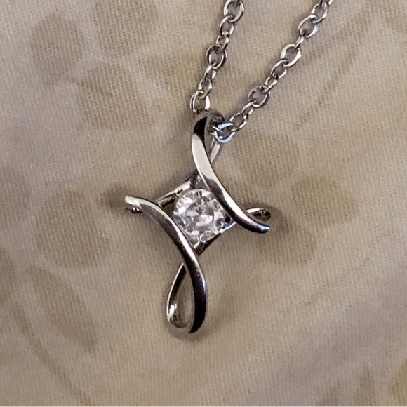 925 Sterling Silver Swirly Cross Necklace with 1/4ct Synthetic Diamond - Picture 7 of 9